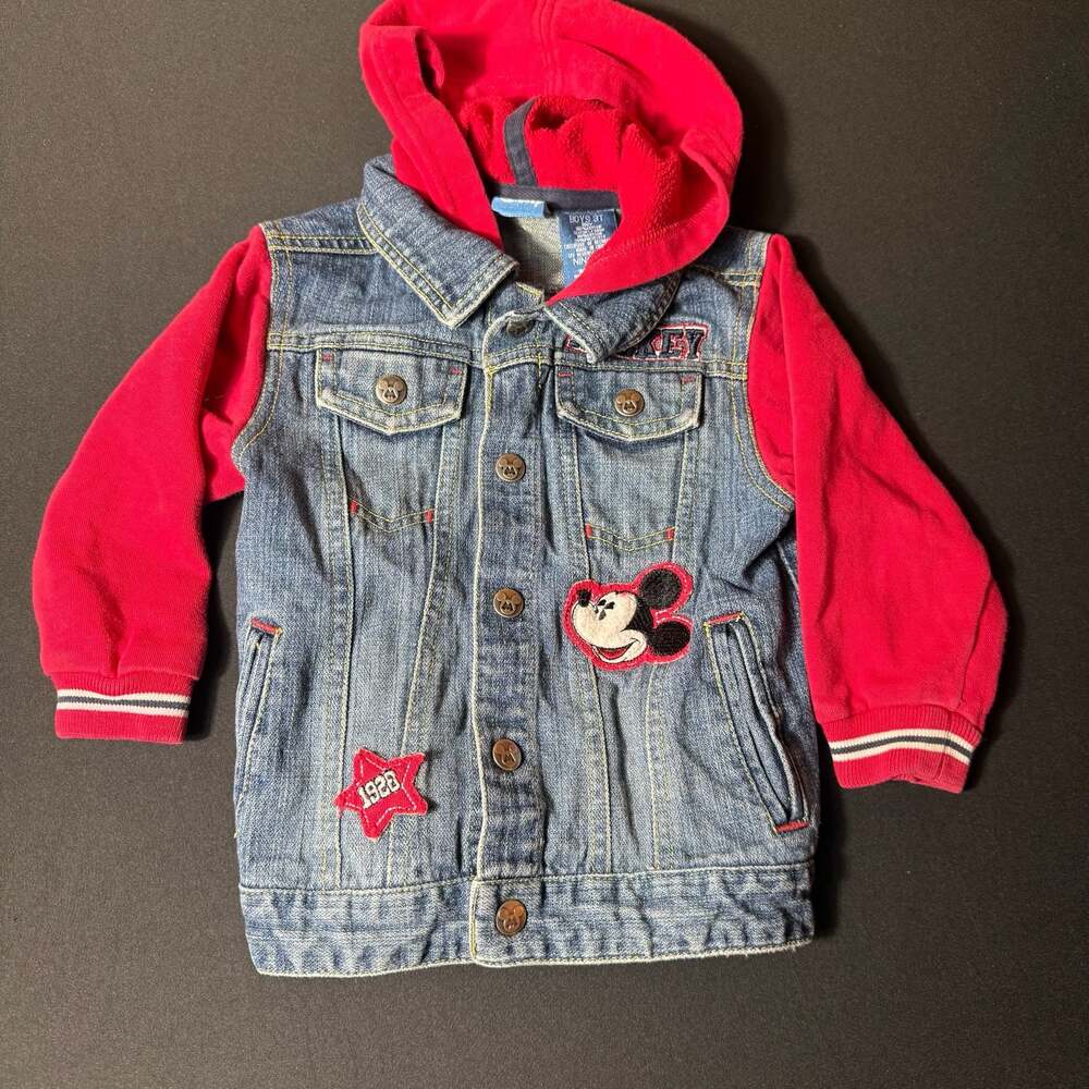 Disney Mickey Mouse Boys 3T Denim Jacket with Red Hooded Sleeves